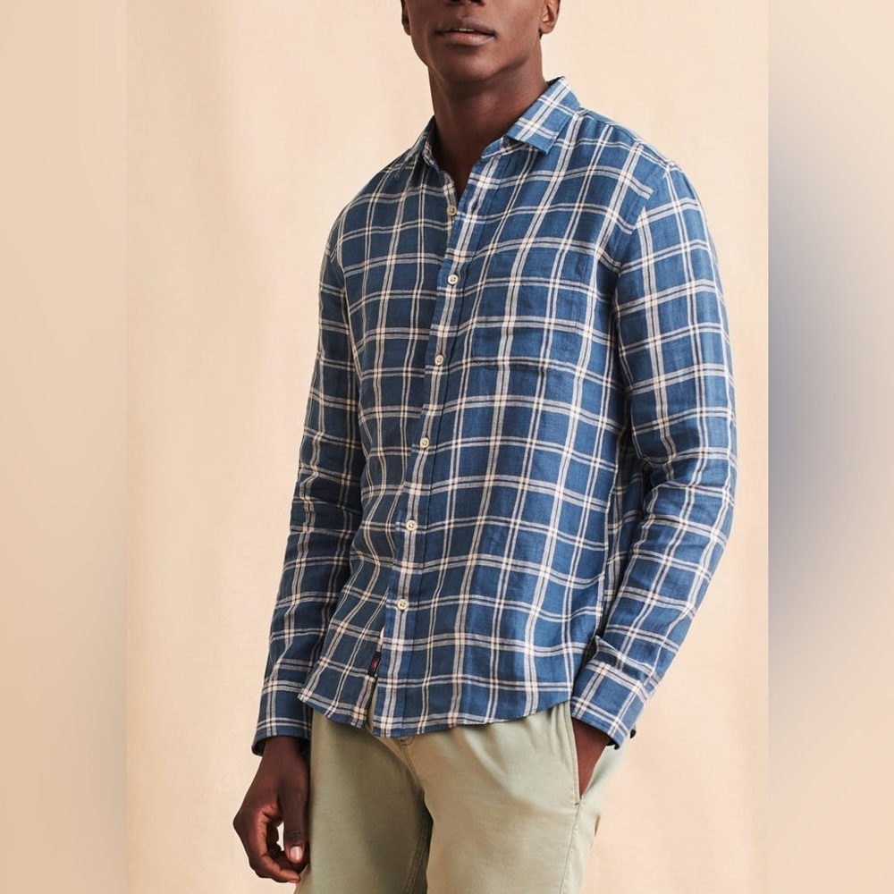 Faherty 100% Linen Blue and White Plaid Men's Shirt